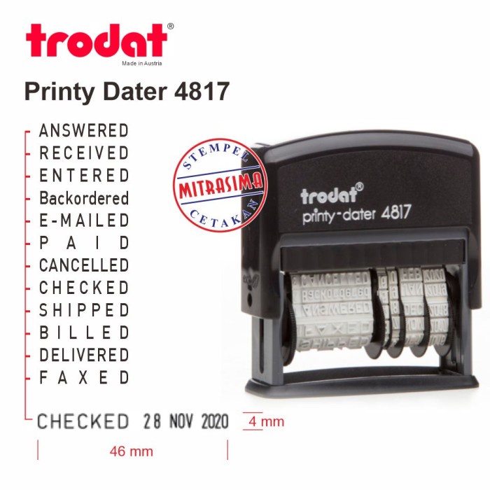 

Terlaris Stempel Trodat Dater 4817 ( Stempel Aneka Tulisan Dengan Tanggal )