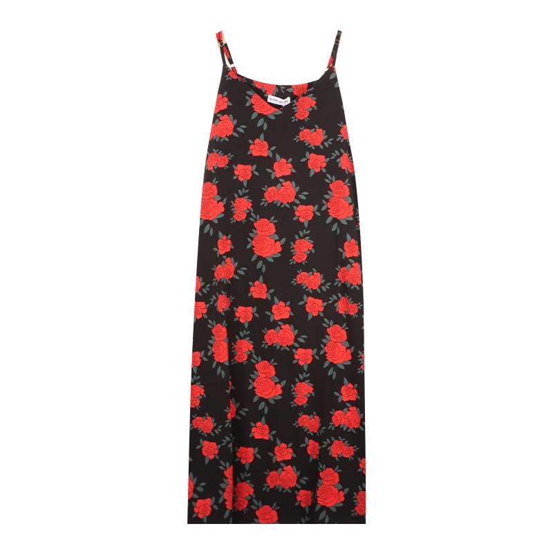 Red kumikumi French retro floral suspender skirt black dress autumn small person with a bottoming skirt for women