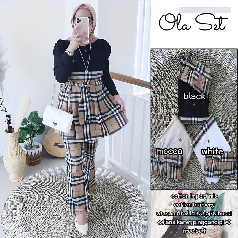 Ramdan Collection | Ola One Set Atasan + Celana Kombinasi Burberry Premium Setelan Blouse Wanita Busui Friendly Lengan Panjang Kekinian