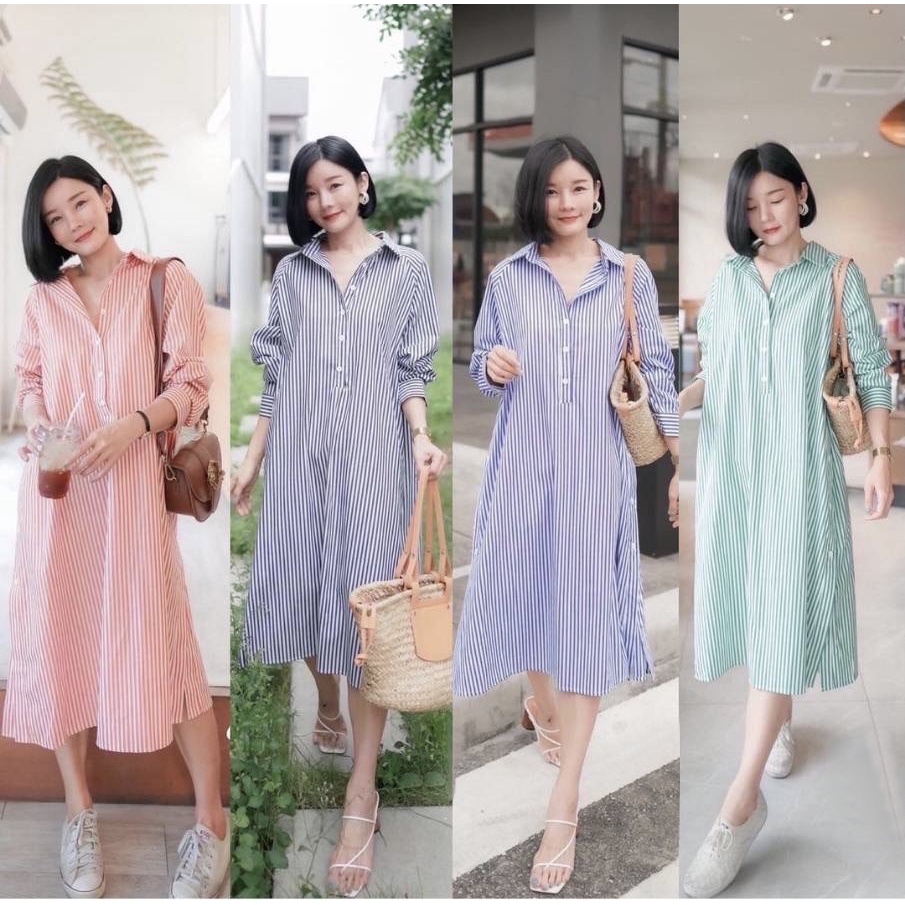 midi dress salur / dress stripe casual wanita / dress busui friendly /gamis stripe wanita