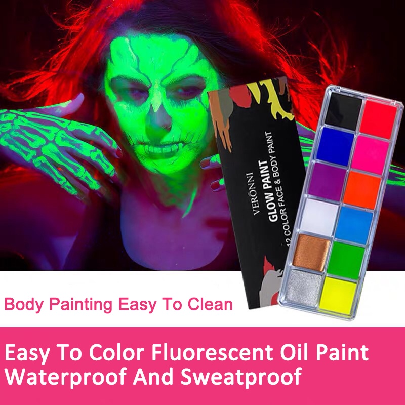 12 Warna UV Body Face Painting Cat UV Wajah Body Painting Palette Wajah Fluorescent UV Untuk Glow Black Light