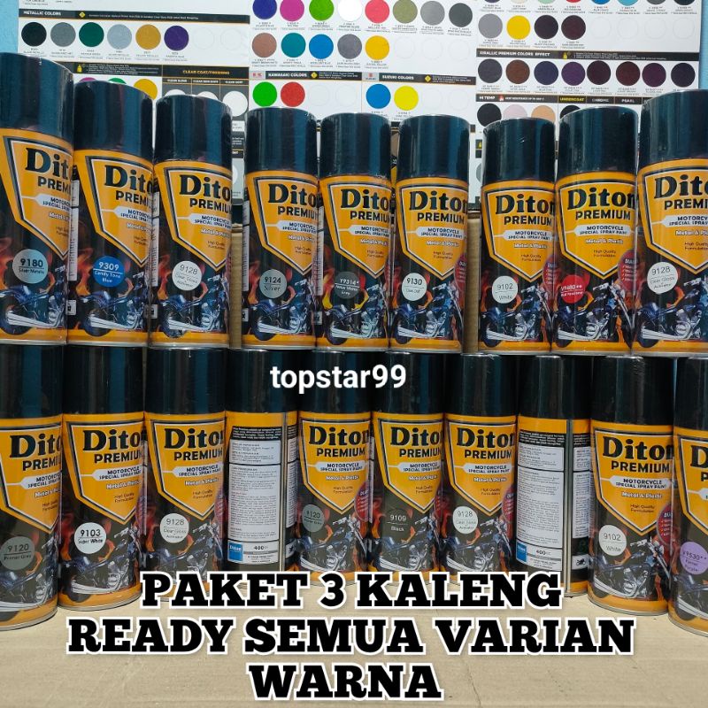 Diton Premium Paket 3 Kaleng 400cc Ready Berbagai Varian Warna Paketan Lengkap Doff Dop Metalic Metalik Glossy Mengkilap Candy Spray Paint Black Hitam 9109 Epoxy 9120 Clear Pernis 9128 White 9102 Silver 9124 9180 9184 9239