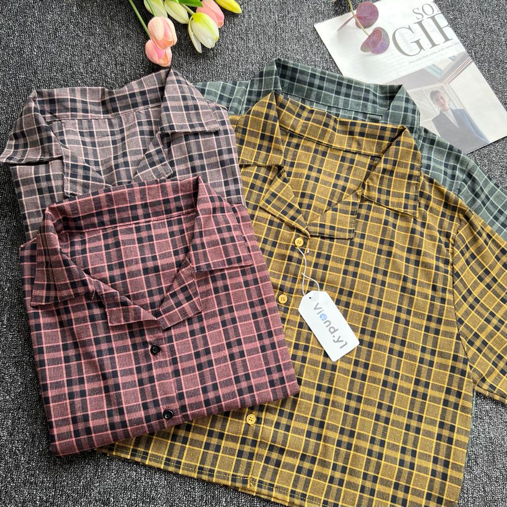 Blouse Kotak Wanita Korea Terbaru / Atasan Cewek Crop Flanel / Kemeja Lengan Pendek 142