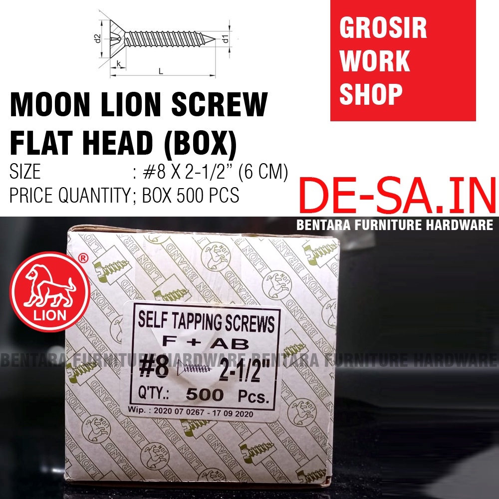 (GROSIR) #8 x 60MM Moon Lion Box 500 PCS Skrup Tapping Screw (Sekrup Lion #8 X 2-1/2&quot;) (WORKSHOP)