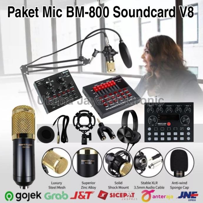 Paket Komplit Mic BM800 Soundcard Mixer V8 Stand Mic Pop Filter