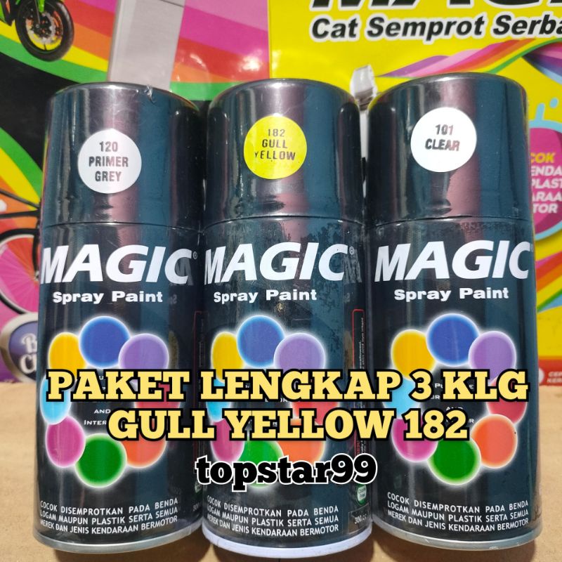 Pilok Pilox Cat Semprot Magic Paket Lengkap 3 Kaleng 300cc Paketan Kuning Lemon Gull Yellow 182 Primer Grey Epoxy 120 Clear Pernis Glossy Mengkilap 101 Spray Paint