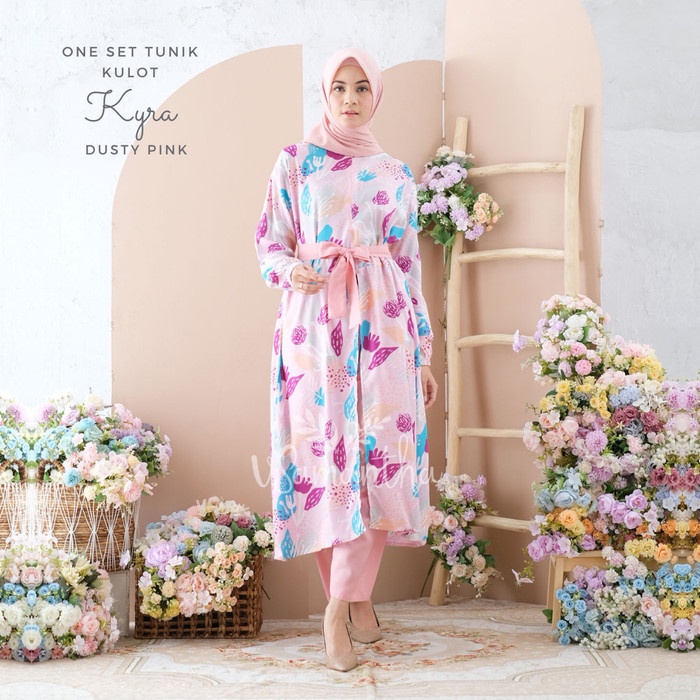 Khimar Syari One Set Tunik Kulot Kyra - Dusty Pink O4I5
