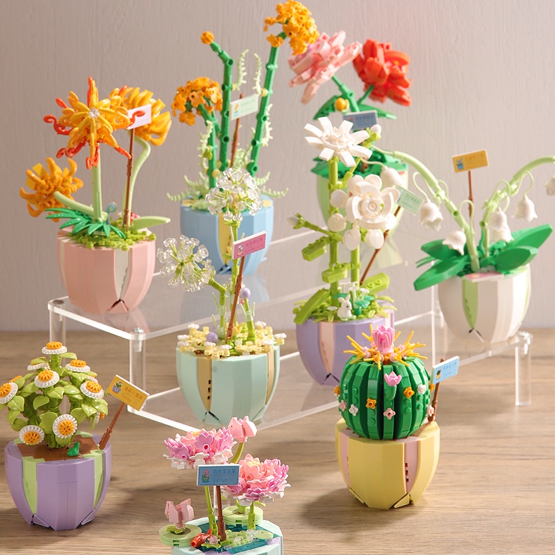 Nano Block Flowers Melati Pot Bunga Model DIY Mainan Balok Buket Mainan Pendidikan