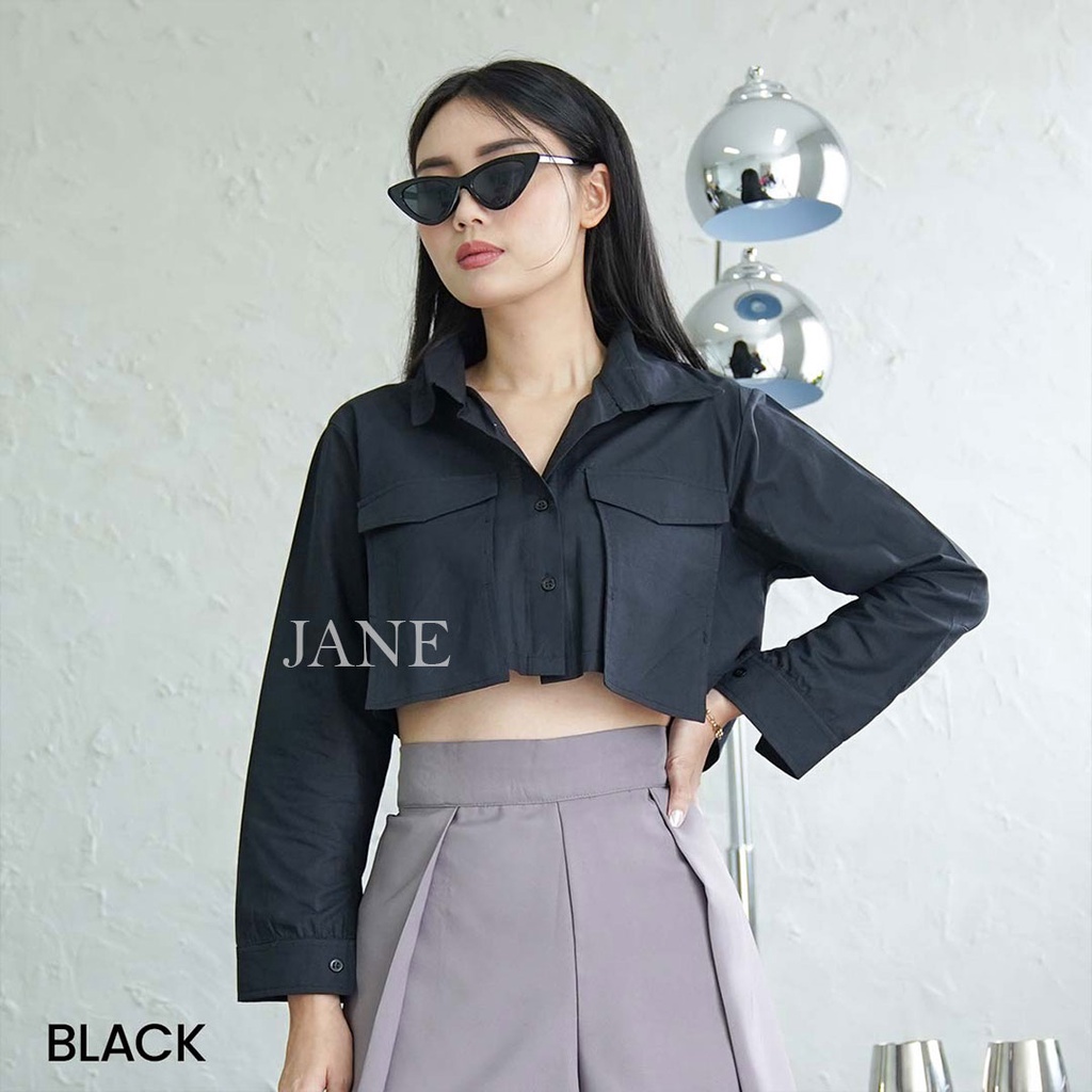 JANE COLLECTION || Kemeja Wanita Hitam Katun Blouse Cewek Kasual Kancing Crop Top Shirt Putih Lengan Panjang Kantong Cotton Kemeja Pocket Rina Fuschia