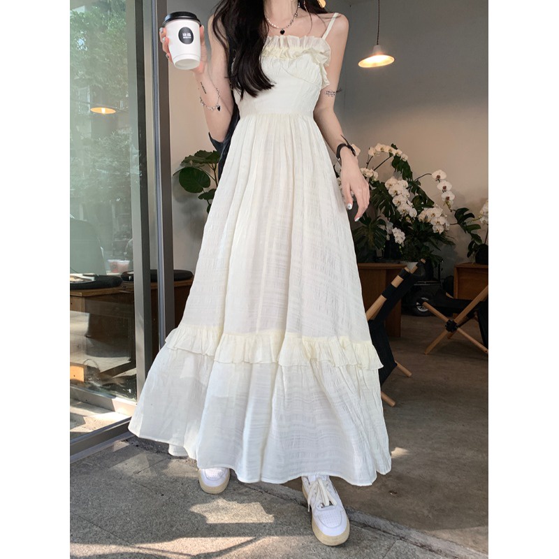 Red kumikumi design sense small wooden ear side suspender dress female early spring waist slimming a-line skirt long skirt