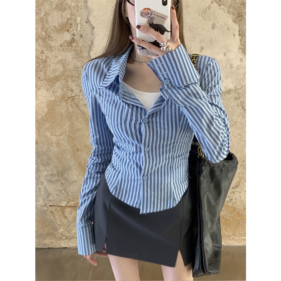 Red Salt wear suit spring slim striped shirt top female slit skirt American sweet and spicy two-piece trendy