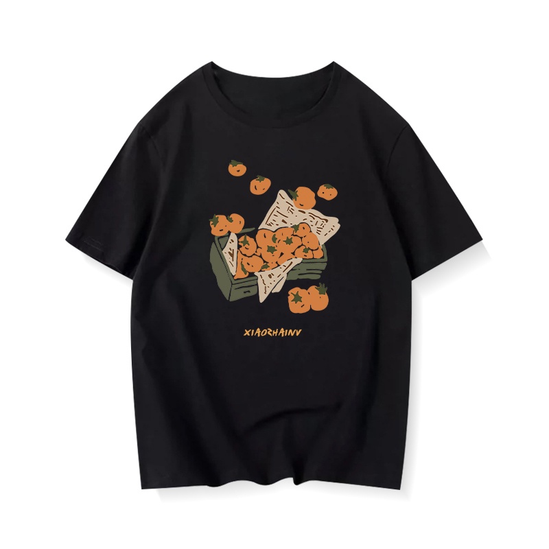 kaos hitam oversize wanita lengan pendek kekinian orange graphic print kaos basic ootd