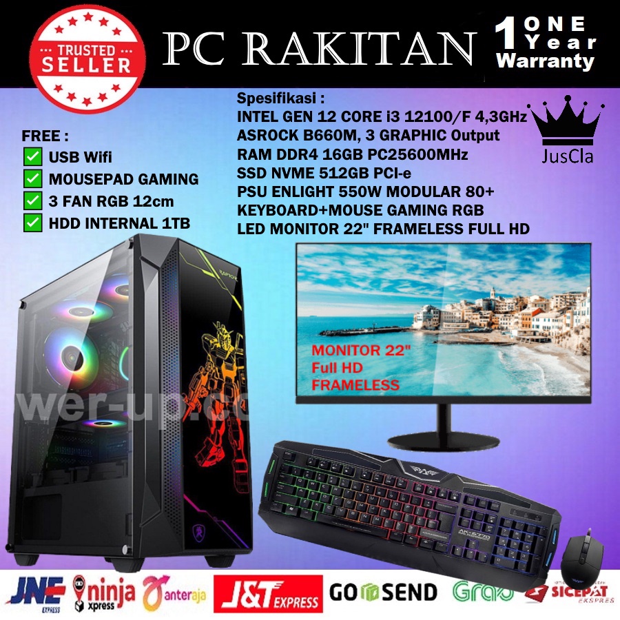 MONITOR 22&quot;+INTEL CORE I3 12100/F PC KOMPUTER GAMING 4,3GHz|RAM16GB|NVME 512GB|VGA RTX 3050 8GB|HDD 1TB|KEY+MOUSE GAMING|USB WIFI