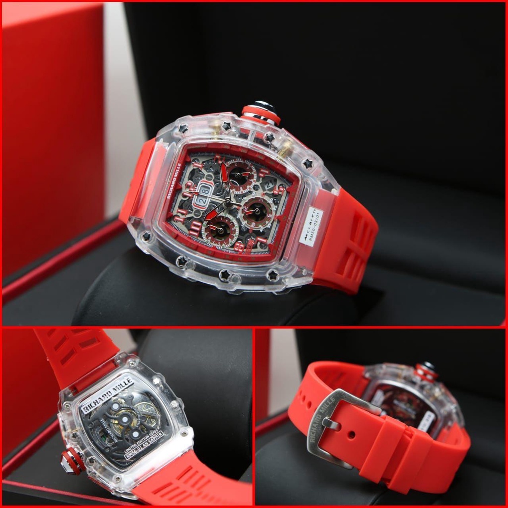 Best Seller-Jam Tangan Pria RM Model Analog Body Transparan Tali Rubber Tanggal On Plus Baterai Dan 