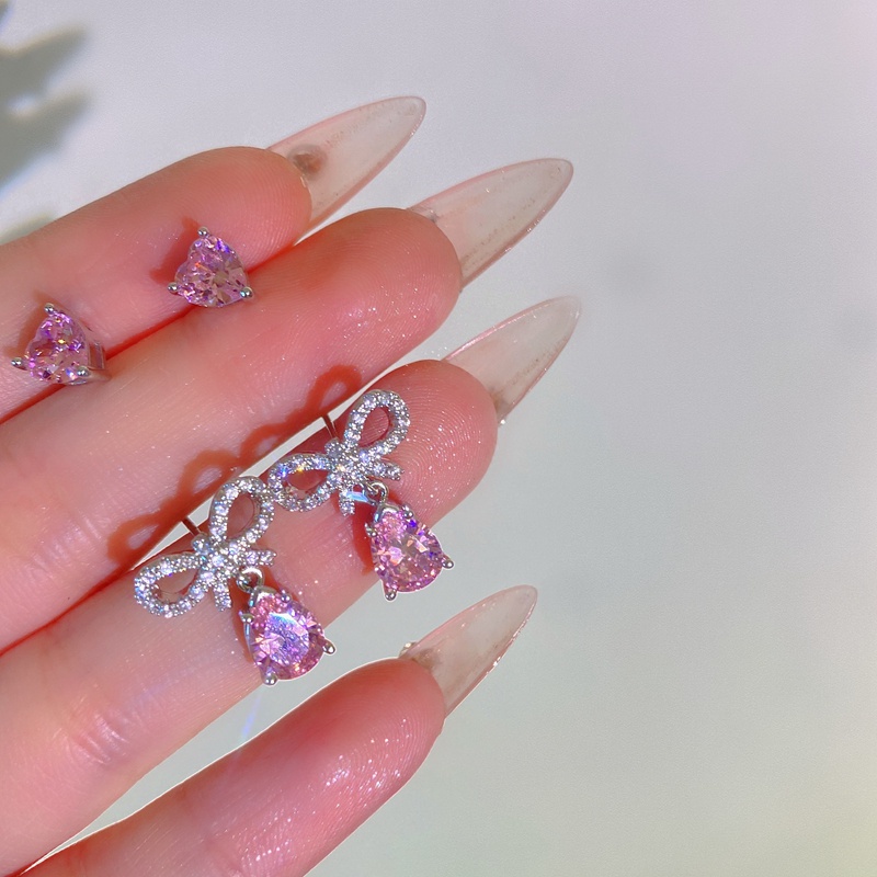 Anting Korea 1 Set 2 Pasang Barbie Pink Tourmaline Love Ribbon Harajuku E214