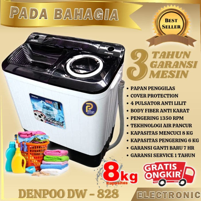 DENPOO MESIN CUCI DW 8907 4P 8KG 2 TABUNG - Hitam - DW 8907B