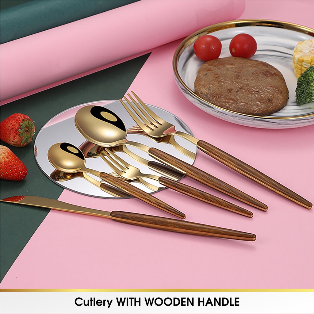 CROWN Sendok Garpu Pisau Kecil Teh Alat Makan Sujeo Korea Spoon Fork Knife Tebal Stainless Emas Tebal Gold Korea Premium Food Grade Handle Kayu