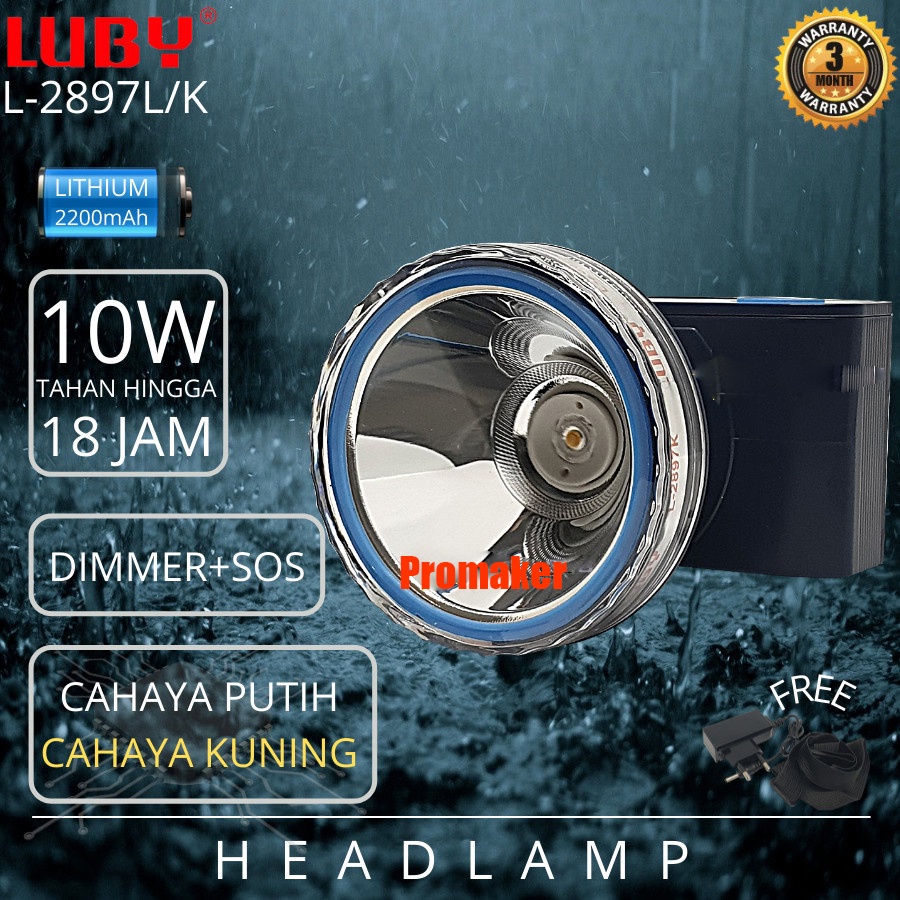 LUBY L-2897K Senter Kepala Led 10 Watt Headlamp Waterproof Cahaya Kuning Charger Original