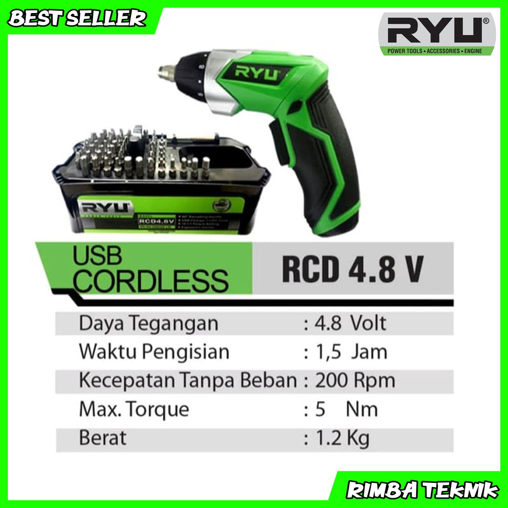 RYU cordless screwdriver 4.8v mesin bor mini 2 fungsi free aksesoris