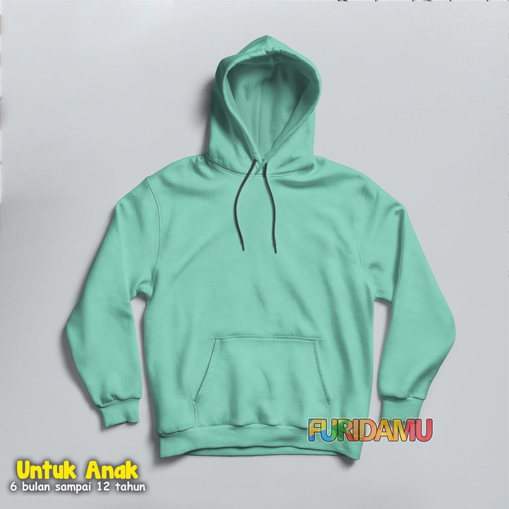 FURIDAMU - Sweater Hoodie Polos Anak Usia 1-12 Tahun Unisex Warna Hijau Mint Polos