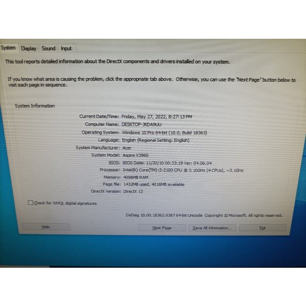 Acer Aspire X3960 Intel Core I3 2100 3.10 Ghz Ram 4 Gb Hardisk 500 Gb Vga Intel Hd Graphics Terbaru