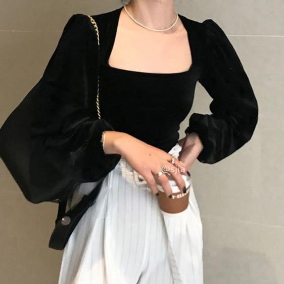 BOOMING Blus beludru beludru hitam leher persegi leher persegi wanita korean style Loose atasan wani