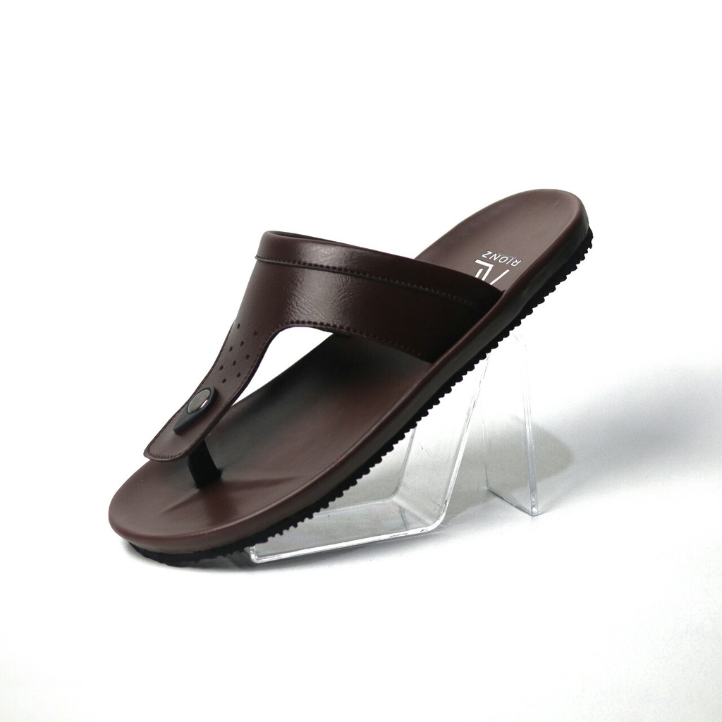 RIONZ ROBERTO - Sandal Pria Jepit Kulit PU Hitam Coklat  Gaya Kekinian Murah - Sandal Casual Pria Cowok Flip Flop Original Terbaru