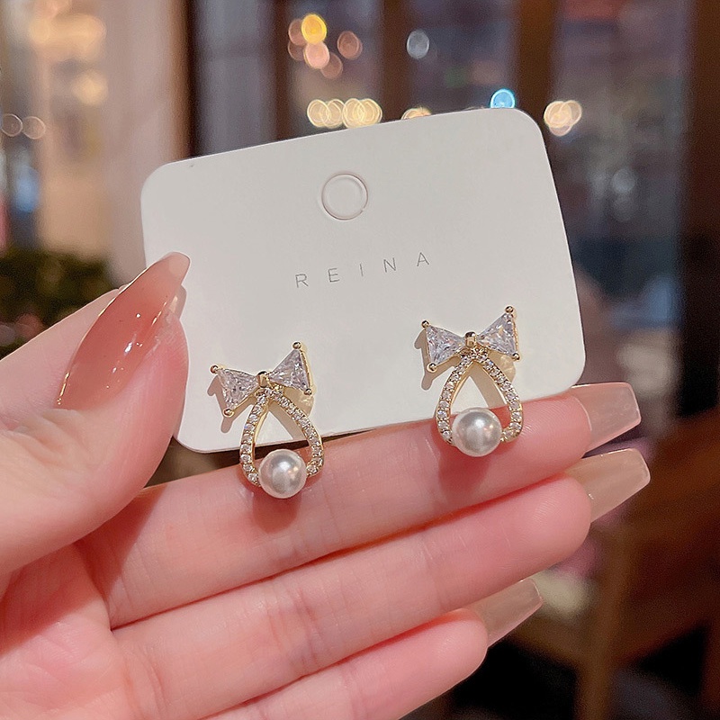 Baru Fashion Wanita Zirkon Busur Anting Perempuan925 Perak Jarum Tetesan Air Mutiara Stud Earrings