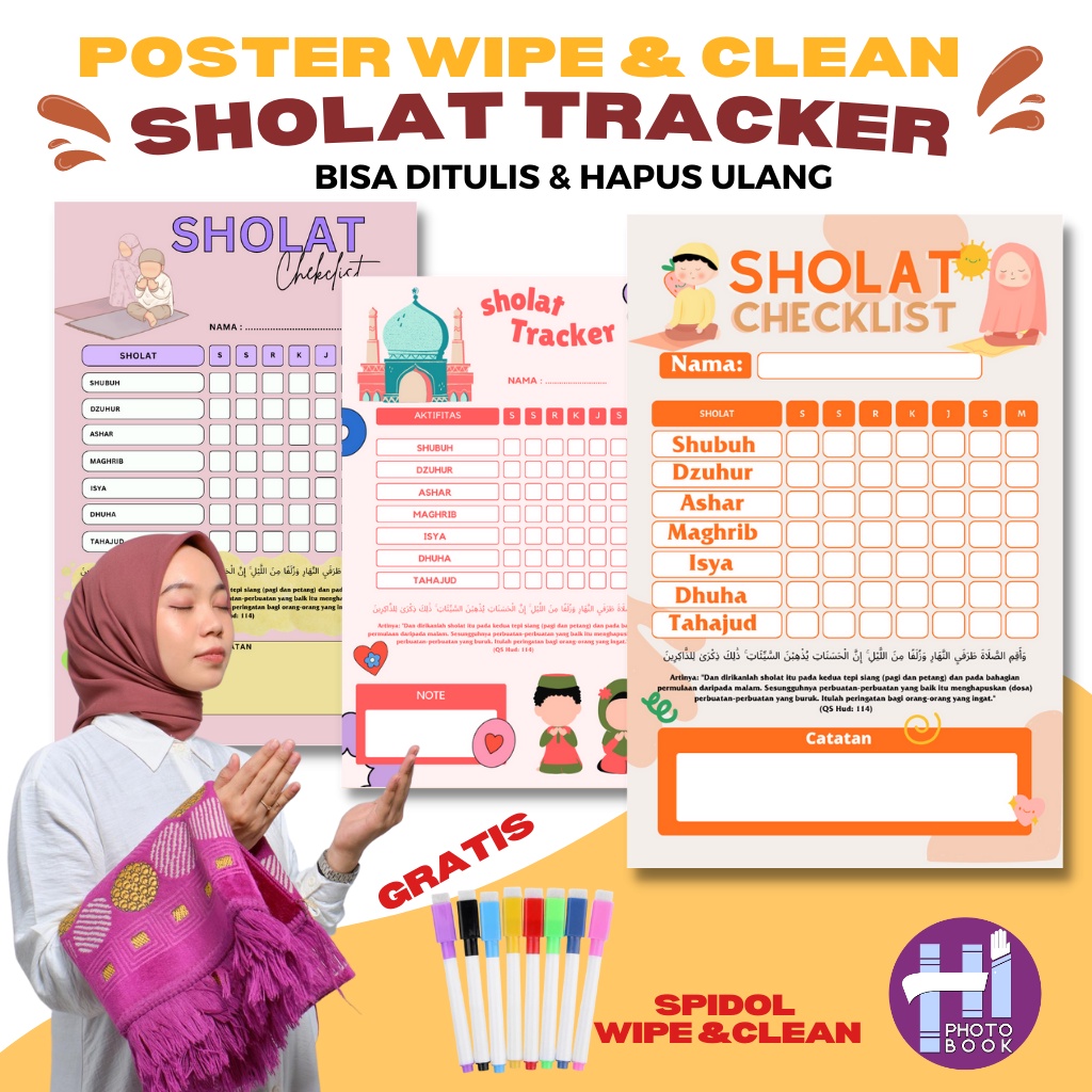 POSTER ukuran A3+ wipe & clean Ibadah  SHOLAT tracker / checklist free spidol wipe & clean