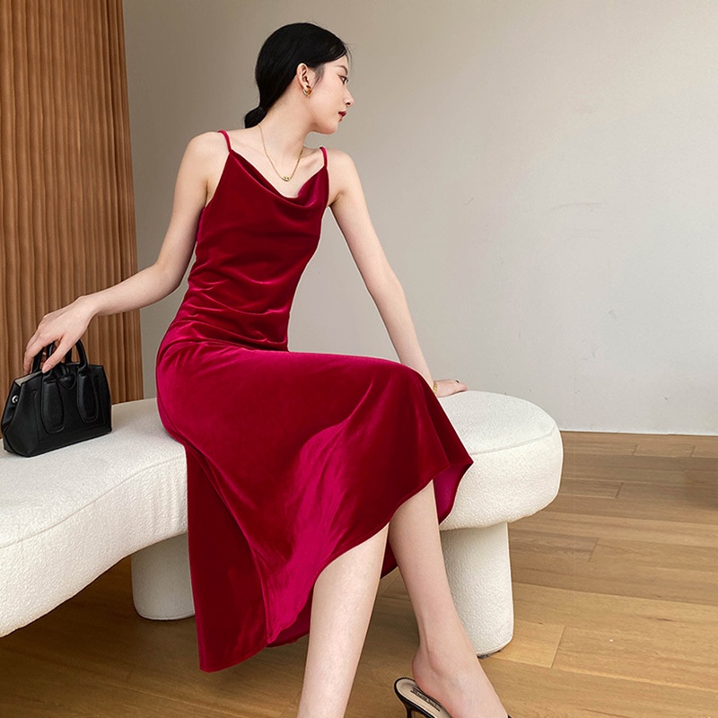 TJM DR380 Korean Velvet V Neck Long Dress Wanita Beludru