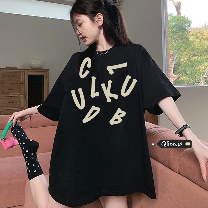 Print T-shirt Kaos Lengan Pendek Abstract English Baju Wanita Oversize Korean Style