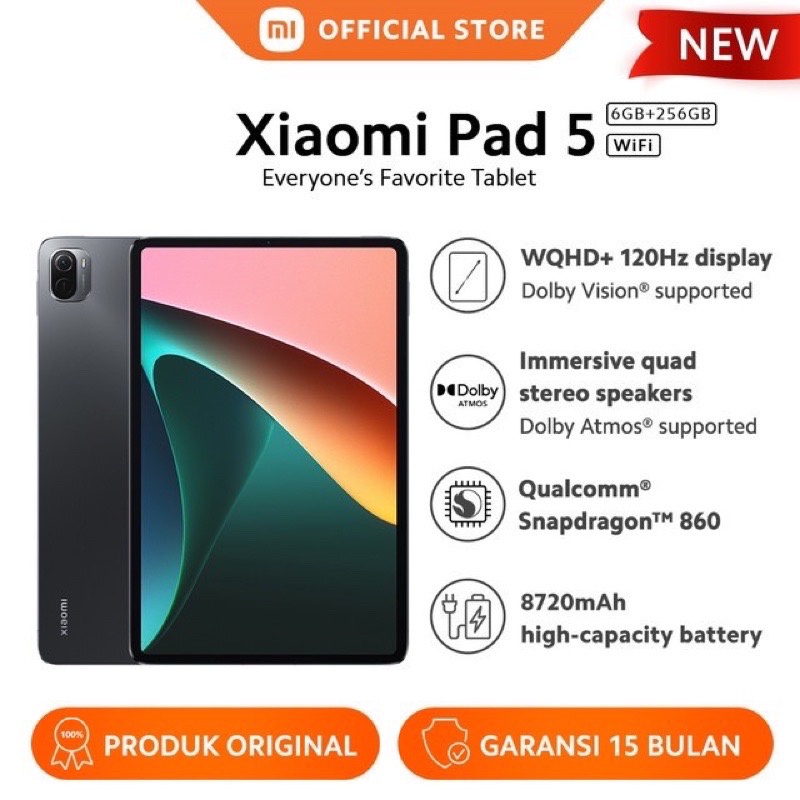 Xiaomi Pad 5 (6GB+256GB) Snapdragon� 860 13MP Kamera Layar WQHD+ 11" 120Hz 8720mAh
