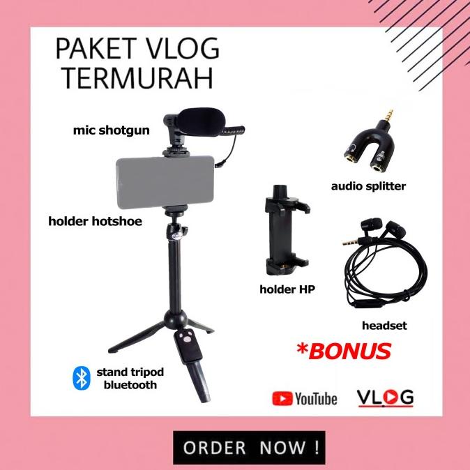 Paket Vlog Mic Shotgun Stand Tongsis Bluetooth Headset Audio Splitter