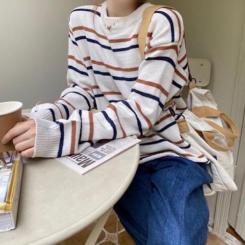 BLOUSE RAJUT GARIS STRIP OVERSIZE/Batwing Sweater - Atasan Rajut - Blouse Rajut - Atasan Wanita/Swea