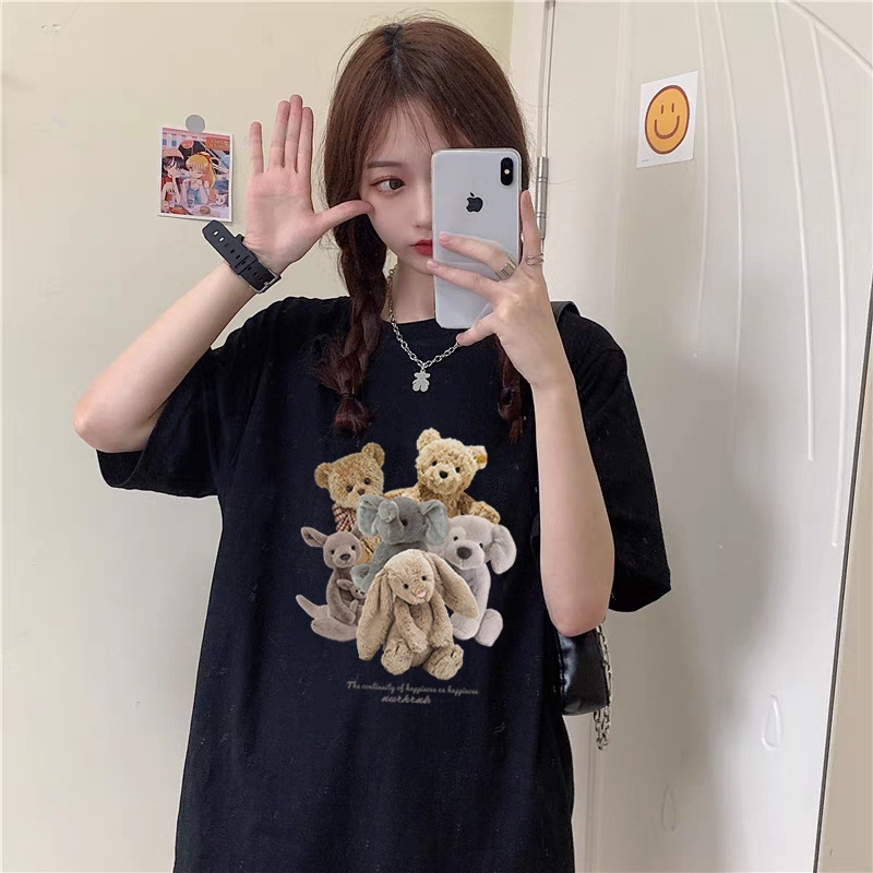 100% Katun Graphic Tee Kaos Couple Baju Wanita Atasan Wanita Oversize Kaos Cute Bear Putih T-shirt Couple Korean Style/baju kaos