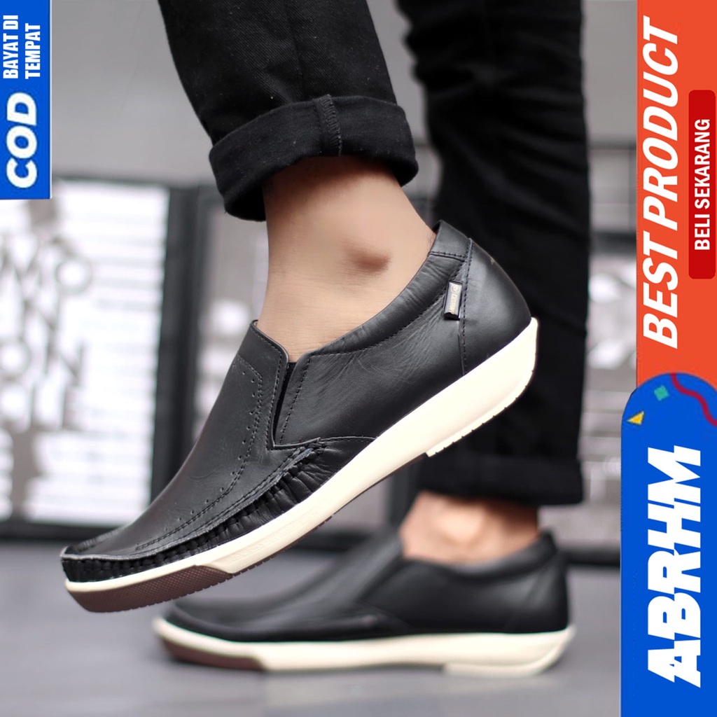 ABRHM X SANDRO Sepatu Casual Slip on Pria Sepatu Slip On Pria Sepatu Pria Casual Kulit Asli Cowok Sepatu Kasual Semi Formal Kerja Kantor Kuliah Anti Slip Gaya Santai Keren Kekinian Original