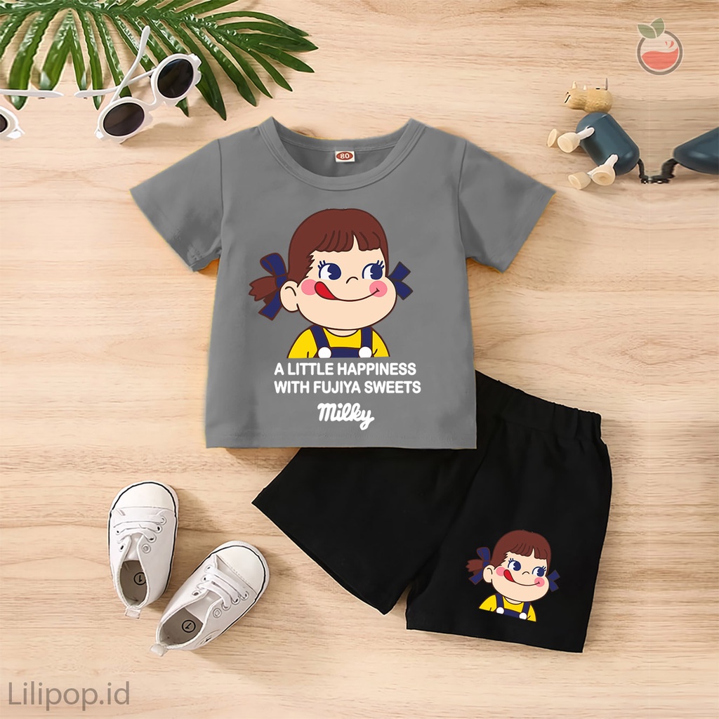 Baju Anak Stelan Kaos 3/4  FUJIYA Cowok Cewek  Usia 1 - 4 Tahun Celana Pendek Harian