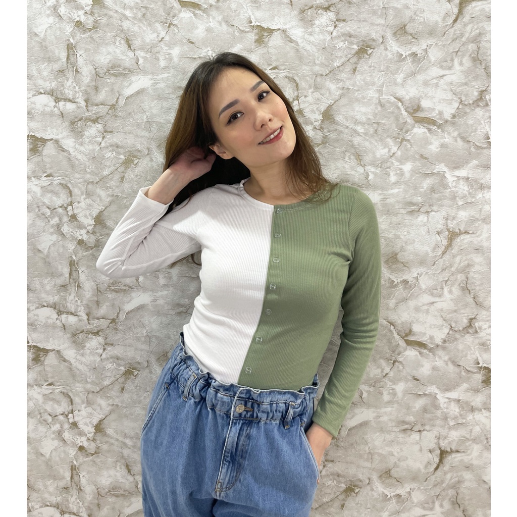 MODAVIE - ELOISE CROPTOP Korean Longsleeve Baju Lengan Panjang Kombinasi Warna