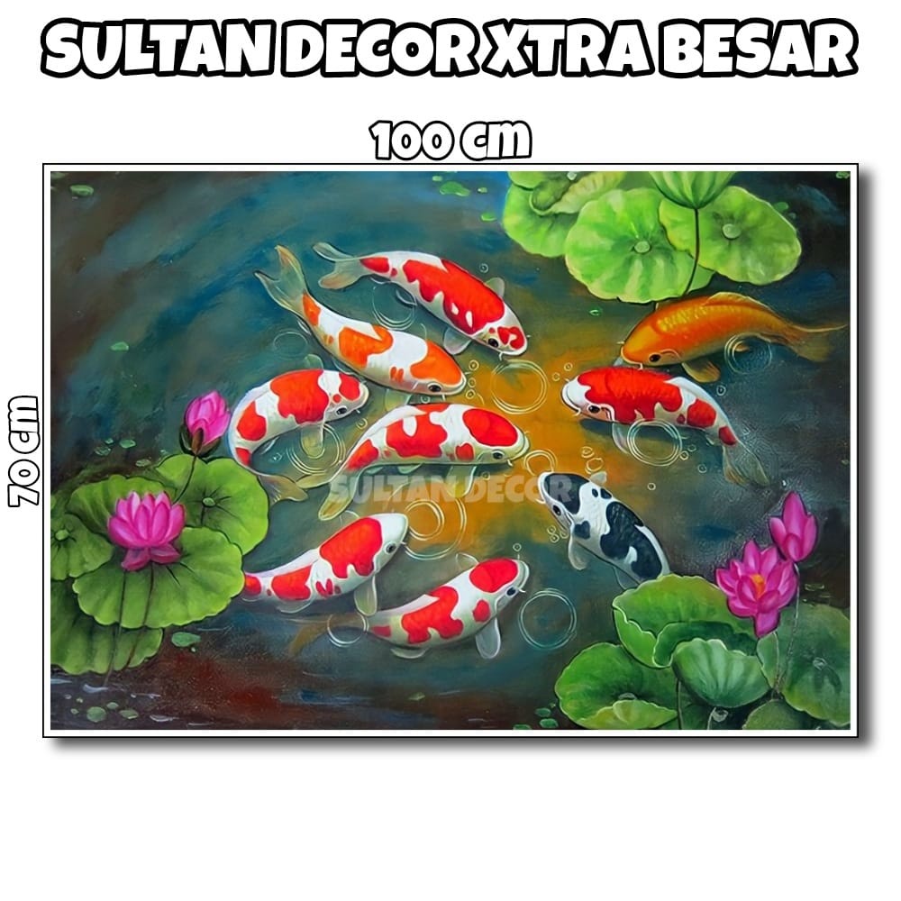 LUKISAN POSTER CETAK IKAN KOI 9 EKOR 3D XTRA BESAR UKURAN 100X50CM 100X70CM 150X100CM 200X100CM 250X