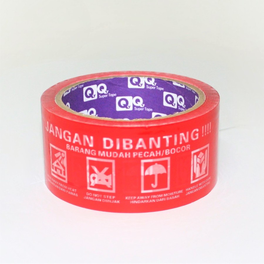 Lakban Fragile Jangan Dibanting &quot;QQ&quot; Merah TOP 48MM 55Yards 2 bahasa -HRCB