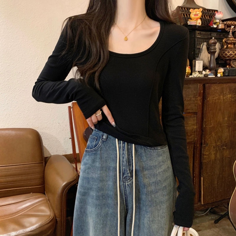 Red Dua Sisi Disikat Lembut Lilin Beludru Kemeja Wanita Musim Gugur dan Musim Dingin Dalam Kerah Persegi Tulang Ikan Tepi Busur lengan Panjang T-shirt Hangat Top