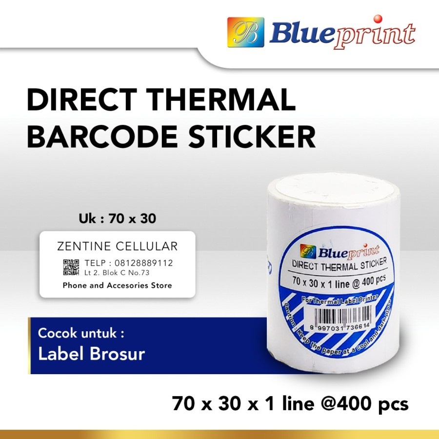 Direct Thermal Sticker Label 70 x 30mm Blueprint Label Barcode