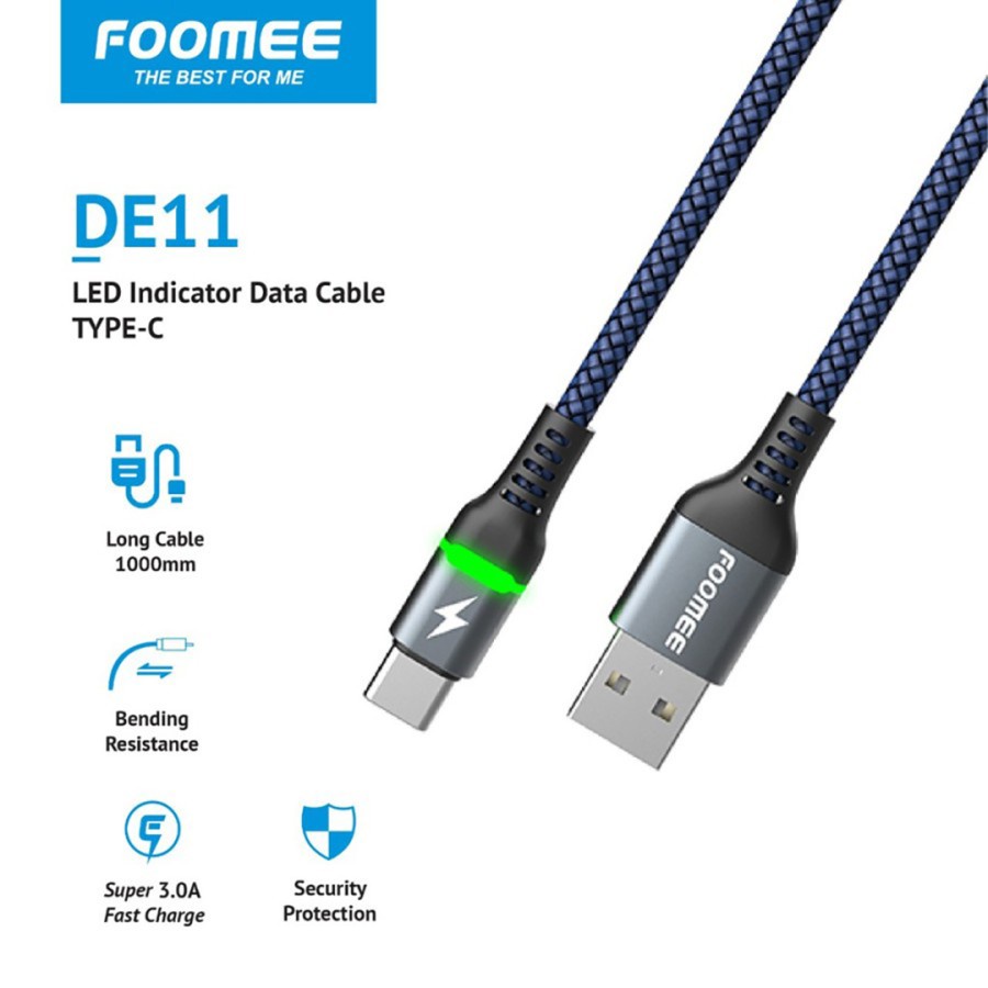 Kabel Data Type C FOOMEE DE11 Kabel Type C Fast Charging 3.0A LED 1M ORIGINAL FOOMEE