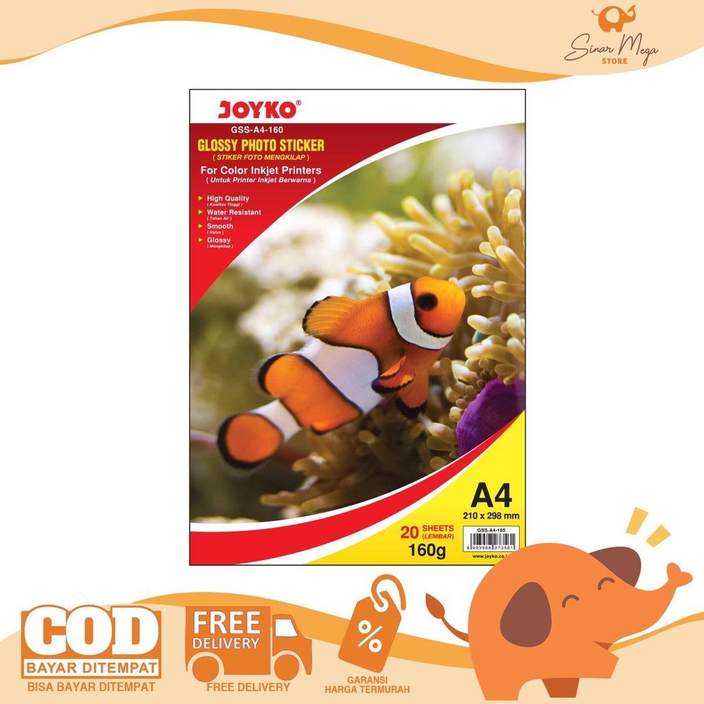 

Joyko Glossy Photo Sticker Paper GSS-A4-160 / Glossy Photo Sticker / Stiker Foto Mengkilap 20 Sheets Lembar