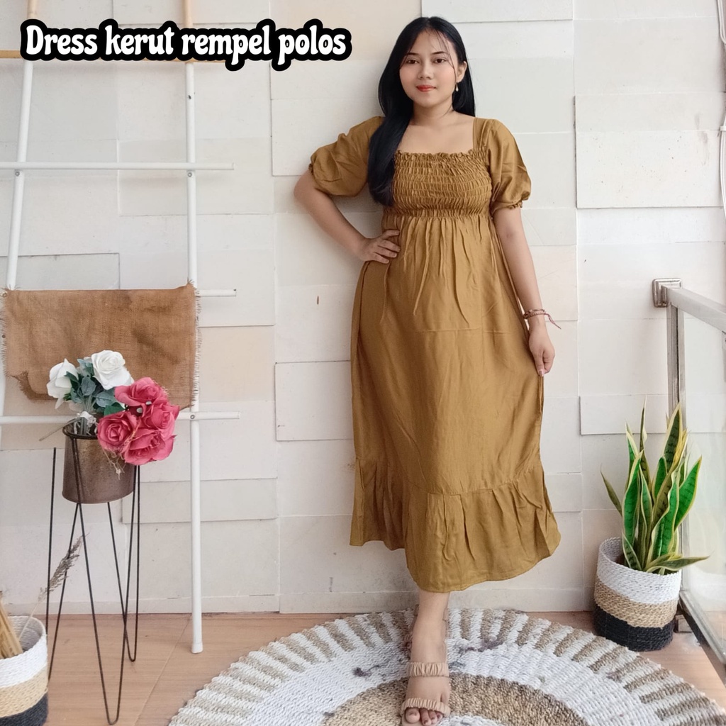 DRESS KERUT REMPEL PANJANG LENGAN PENDEK POLOS -B