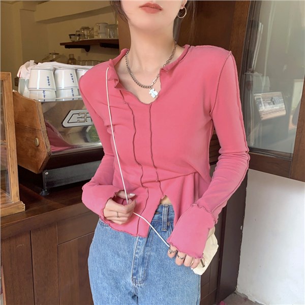 Red Minoritas V-Leher Irregular Desain Lengan Panjang T-shirt Wanita Musim Gugur Budidaya Diri Kemeja Manis Gadis Panas Pendek top