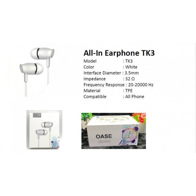 HEADSET EARPHONE OASE TK3