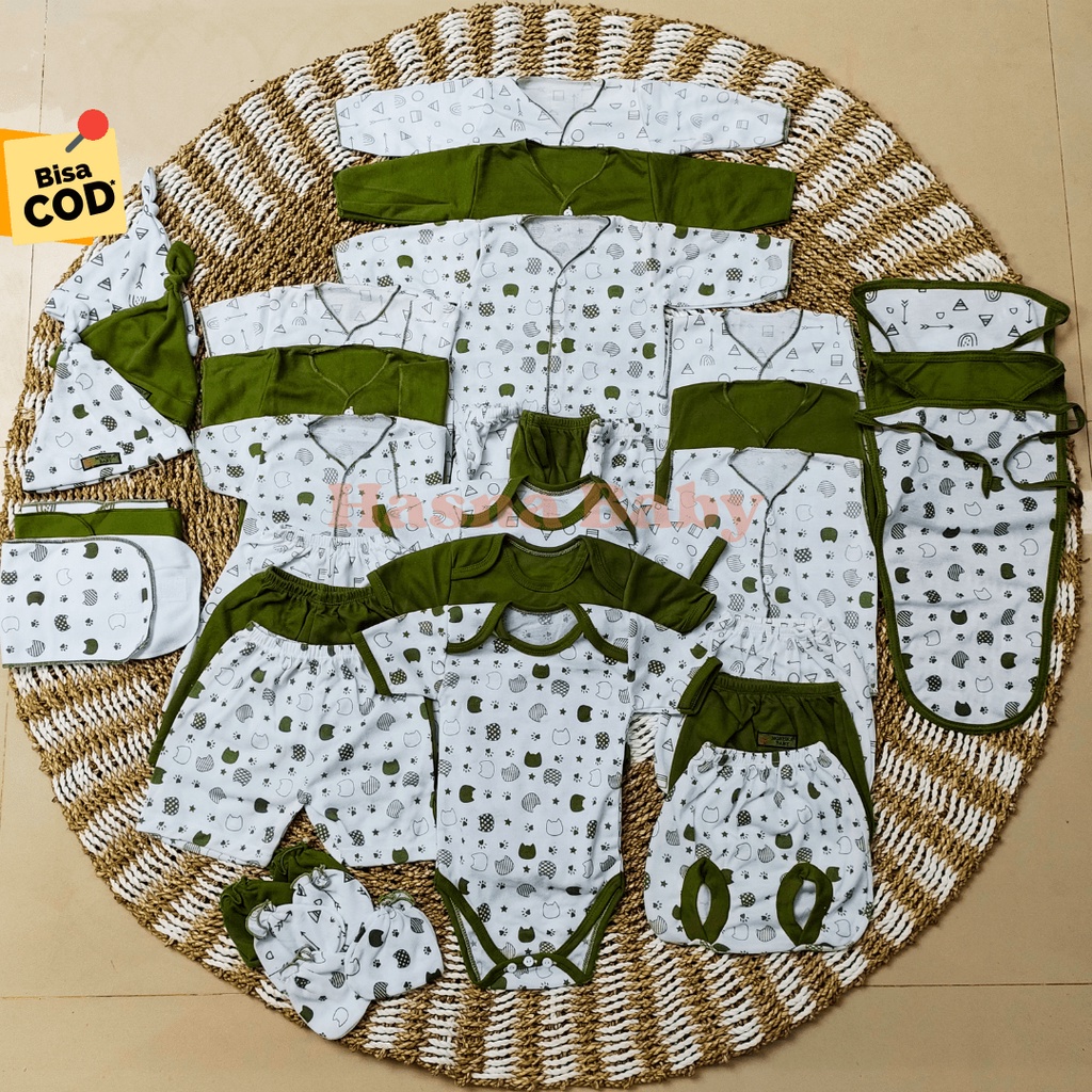 36 Pcs Paket Lahiran Lengkap SNI Baju Bayi Celana Bayi Baru Lahir seri Olive Karakter Lucu, Sartaki, Jumper, Popok Tali, Baby Newborn Gift Set Paket Brojol-Juragan Lebak