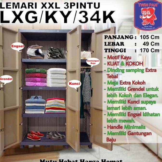 Lemari Pakaian Plastik 3 Pintu Twin Pan Motif Kayu Hanger Kunci Bogor Stortitizar