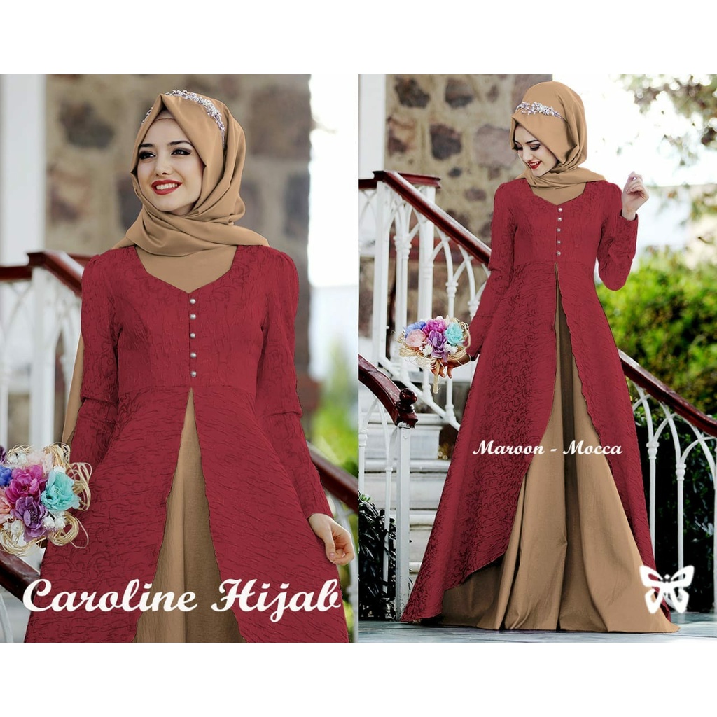 HOPYLOVY - Gamis Brukat Wanita Maxi Bolero Koshibo Embos Bunga + Pashmina Caroline